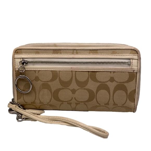 COACH Tan Cream Signature Canvas Wristlet Wallet - Picture 1 of 10